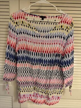 Talbots Multicolor V-Neck Patterned Tunic — Navy, Pink, Red, Yellow, White